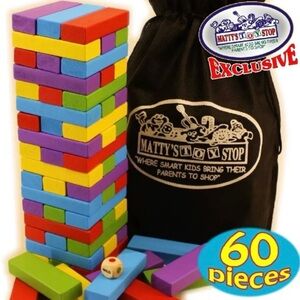 Matty's Mix-Up 60pc Large Colorful Wooden Tumble Tower Deluxe Stacking Game & Ba